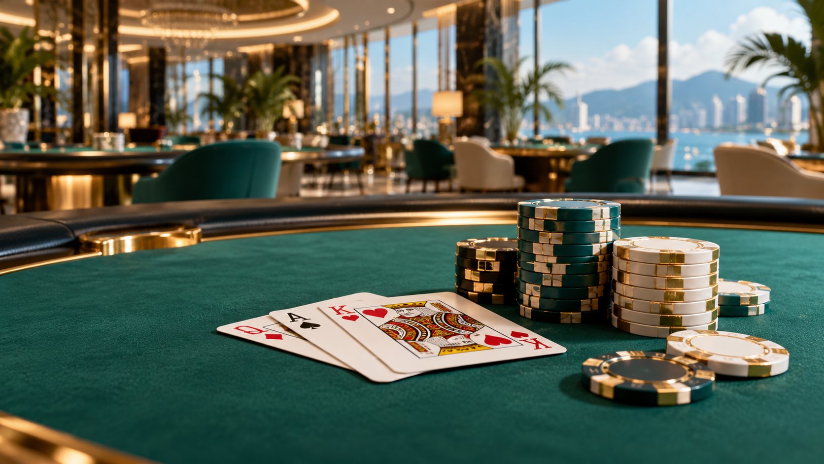 Bàn casino với bài và chip trong không gian hiện đại