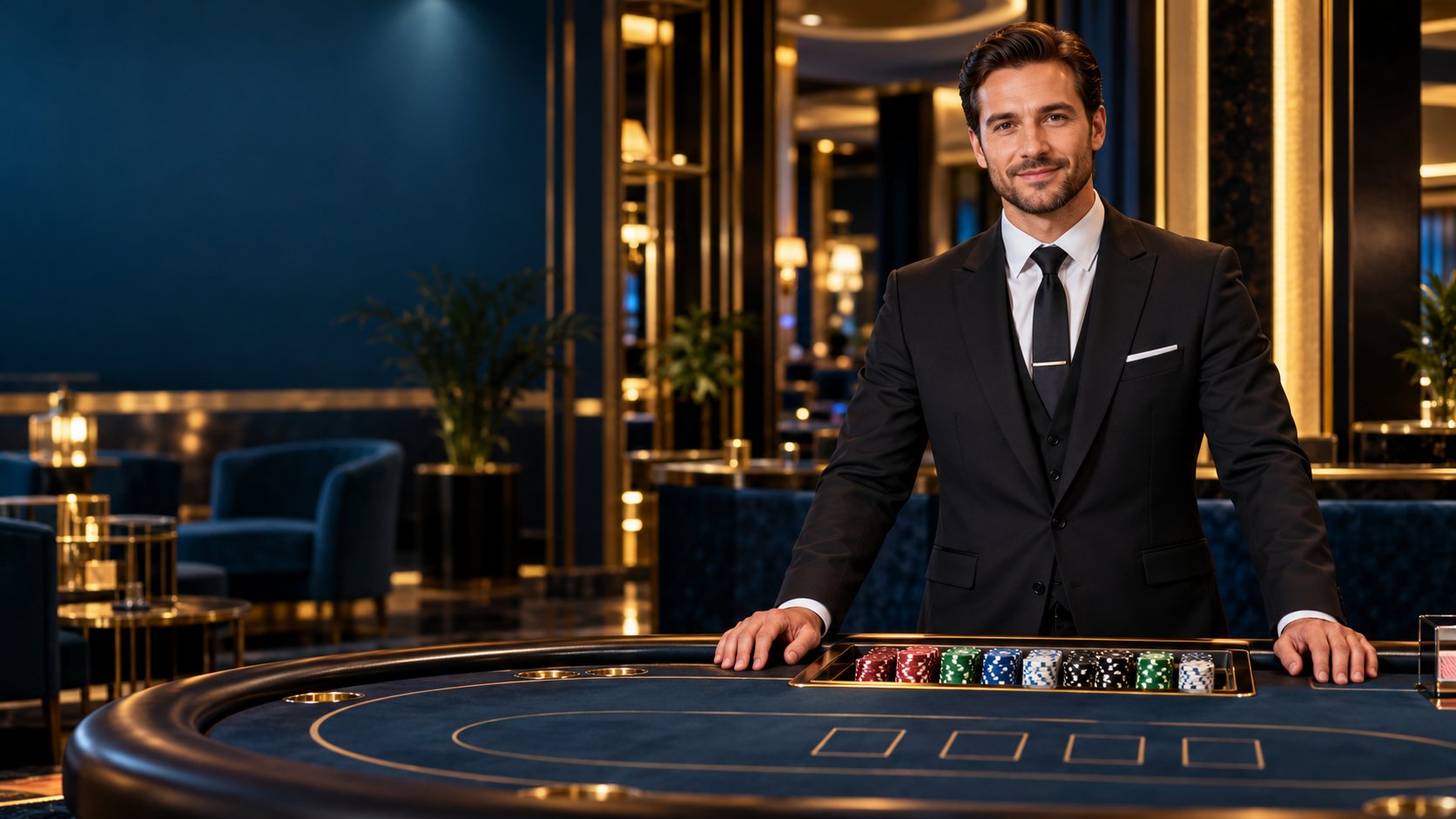 Minh họa người điều phối bàn casino trong không gian hiện đại